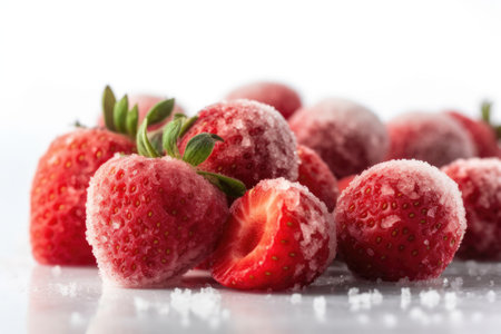 Frozen strawberries with ice crystals on a white background. selective focus.の素材
