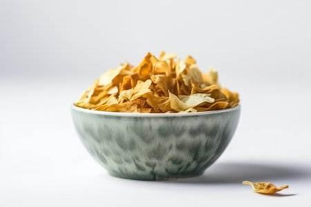 Close up of a bowl full of cornflakes on white backgroundの素材
