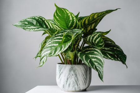 Caladium plant in pot on table against gray background. home decorの素材