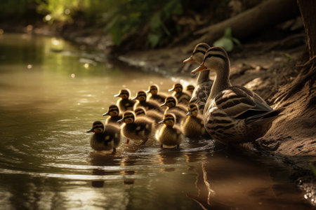 Duck with ducklings on the bank of a small river.の素材