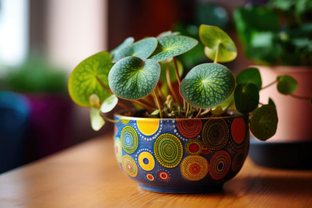 Green leaves in a pot on a wooden table. home gardening.の素材