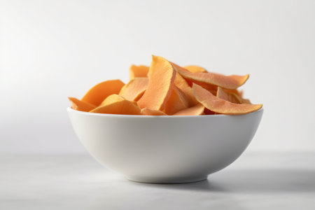 Bowl with sweet potato chips on light background, closeup viewの素材
