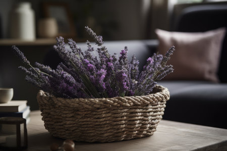 Basket with lavender flowers on wooden table in living room interiorの素材
