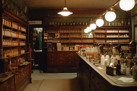 Vintage interior of a pharmacy with shelves and bottles of medicine.の素材