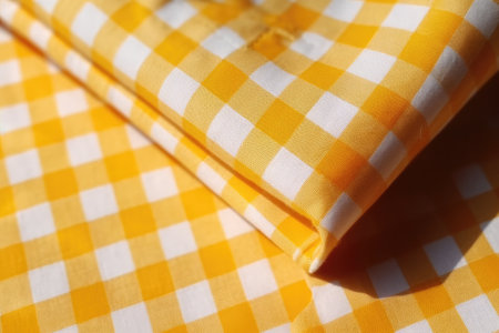 Yellow checkered tablecloth, close-up. background and textureの素材