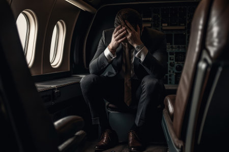 Man In Business Suit Sits In Airplane With His Head Down And His Hands Covering His Face. Jetlagの素材