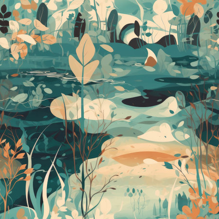 Abstract Nature Scene With Foliage And Water Elements. Infinite, Seamless Backgroundsの素材