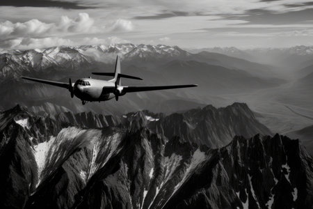 Black And White Photo Of Military Plane Flying Over Mountain Rangeの素材