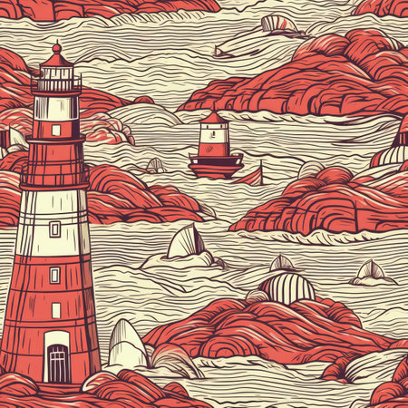 Red And White Striped Lighthouse Standing On Rocky Coastline. Infinite, Seamless Backgroundsの素材