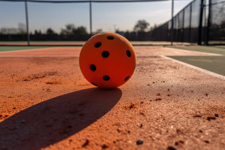Pickleball Ball Next To The Racket Are On The Fieldの素材