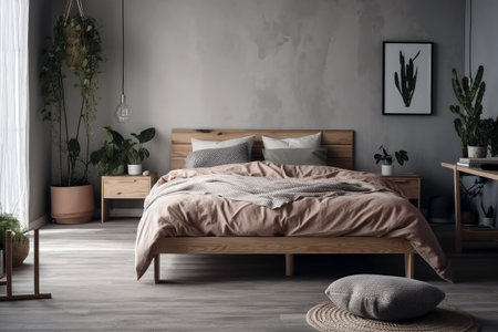 Scandinavian Style Bed With Simple Frame And Cozy Beddingの素材