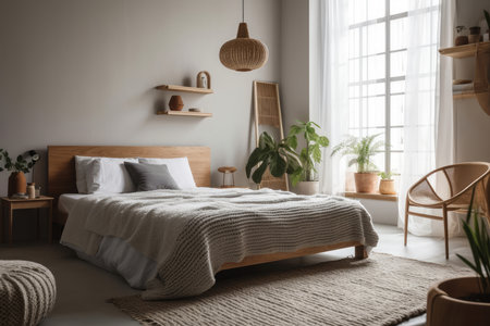 Scandinavian Style Bedroom With Minimalist Design, Featuring Simple Bed Frame, Clean Lines, And Cozy Blanketsの素材