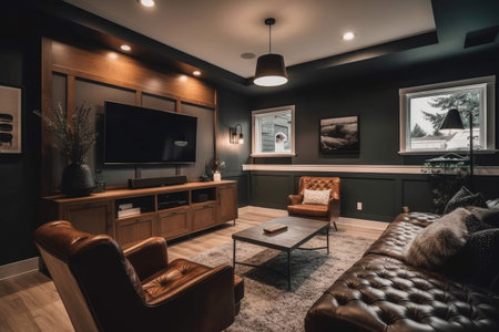 Cozy Living Room With Tv Mounted On Dark Accent Wall And Comfortable Armchairの素材