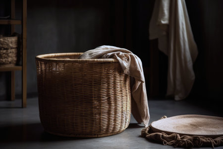 Shot Of Laundry Basket Made Of Natural Woven Materials Like Bamboo Or Rattan, Adding Touch Of Rustic Charmの素材