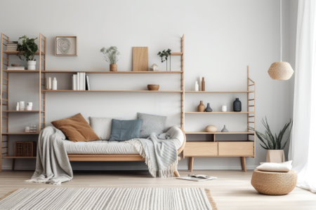 Scandinavian Style Bookshelf With Minimalist Design And Plenty Of Natural Wood Accentsの素材