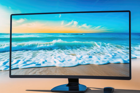 Monitor With Bright And Cheerful Beach Scene As The Desktop Backgroundの素材