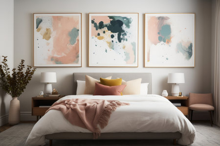 Modern Bedroom With Framed Abstract Art Print Above The Bedの素材