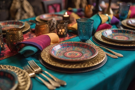 Shot Of Colorful Table Setting With Decorative Plates And Napkins For Ramadan Mealの素材