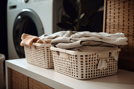 Shot Of Neatly Organized Laundry Basket With Separate Compartments For Different Types Of Clothingの素材