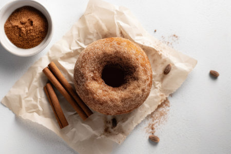 Vegan Cinnamon Sugar Donuts Dessert On White Background, Top Viewの素材