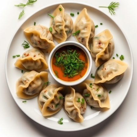Vushka Mushroom And Onion Dumplings Dish On White Background, Top Viewの素材