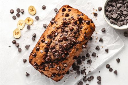 Vegan Chocolate Chip Banana Bread Dessert On White Background, Top Viewの素材