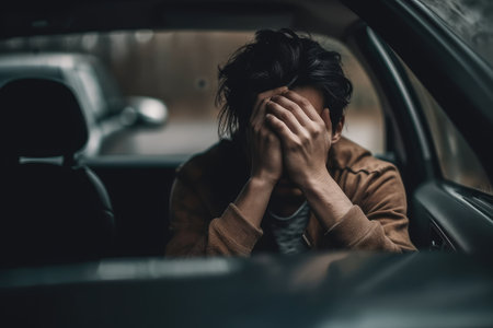 A Man Covers His Face With His Hands In The Car. Headache Or Accident On The Roadの素材