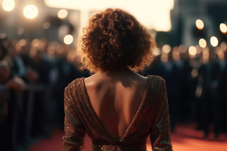 Beautiful Slender Woman In Open Back Dress Stands Backwards On The Red Carpet In Front Of The Paparazziの素材