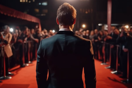 Handsome Man In Suit Stands Backwards On The Red Carpet In Front Of The Paparazziの素材