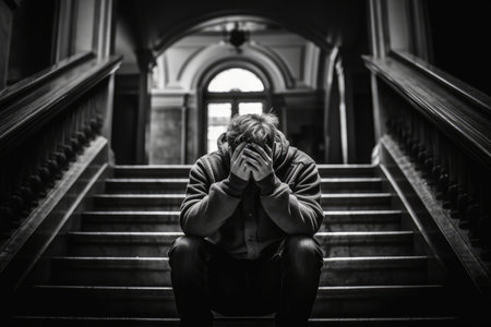 Black And White Image Of Man Sitting On Staircase With His Head Down And Hands Covering His Face, Appearing To Be Overwhelmed Or Defeatedの素材