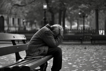 Man Sitting On Bench With His Head Down And Hands Covering His Face, Appearing To Be In Emotional Pain Or Griefの素材