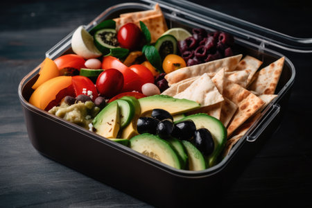 Greek Salad Vegan Lunch Box With Olives, Feta, And Pita Chipsの素材