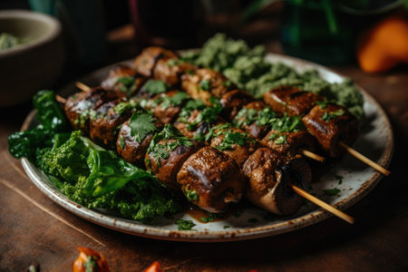 Vegan Kebab Featuring Marinated Seitan, Grilled Mushrooms, And Side Of Chimichurri Sauceの素材