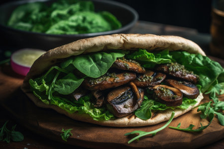 Vegan Kebab With Italian Flair, Featuring Grilled Portobello Mushrooms, Roasted Garlic, And Side Of Basil Pestoの素材