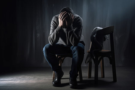 Image Of Man Sitting On Chair With His Head Down And Hands Covering His Face, Appearing To Be In Shock Or Disbeliefの素材
