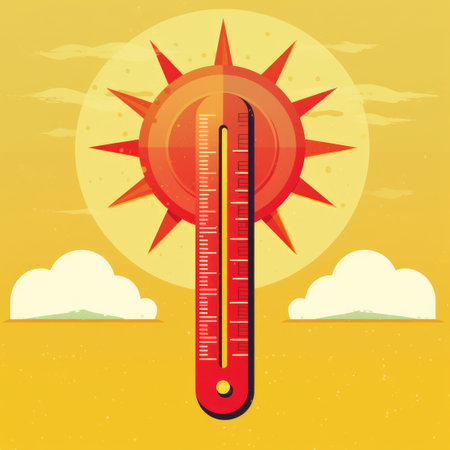 Sunny And Hot Icon With Yellow Sun And Red Thermometer Rising To Indicate High Temperaturesの素材