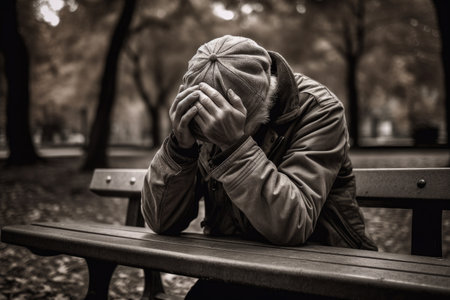 Image Of Man Sitting On Park Bench With His Head Down And Hands Covering His Face, Appearing To Be In Despair Or Sadnessの素材