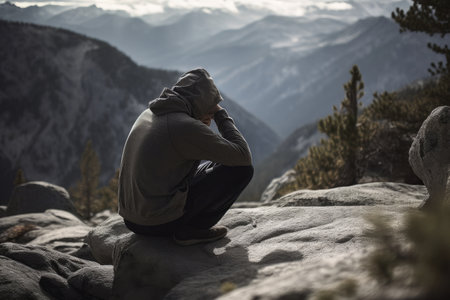 Image Of Man Sitting On Rock In The Mountains With His Head Down And Hands Covering His Face, Appearing To Be Deep In Thought Or Meditatingの素材