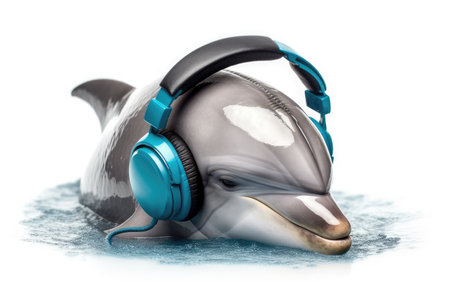 Dolphin With Headphones On White Backgroundの素材