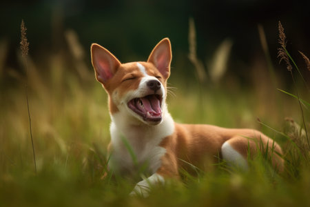 Basenji Puppy Yawning On The Grassの素材