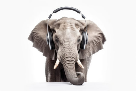 Elephant With Headphones On White Backgroundの素材