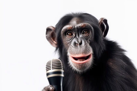 Chimpanzee With Microphone On White Backgroundの素材