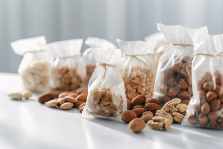 Nuts In Bags Laying On White Tableの素材