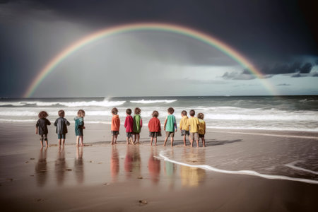 The Rainbow Over Group Of Boys And Little Girl Standing On Beachの素材