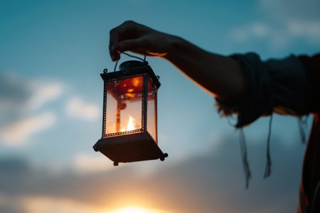 Man Letting Go Of The Lantern Into The Sky, Symbolizing Letting Go And Rebirth Closeの素材