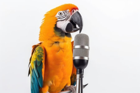 Parrot With Microphone On White Backgroundの素材