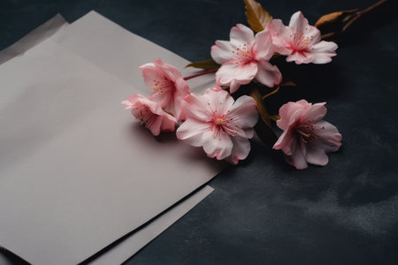 Pink Flowers And White Paper With Copy Space Over Gray Backgroundの素材