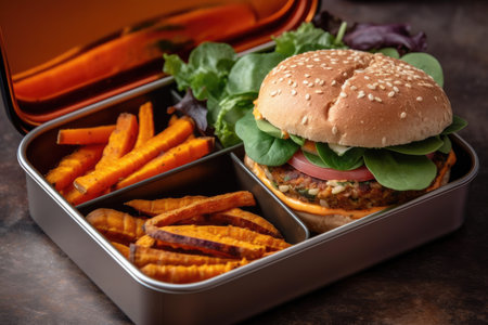 Vegan Lunch Box With Veggie Burger, Sweet Potato Fries, And Dipping Sauceの素材