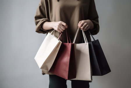 Woman With Colorful Paper Shopping Bags Holds Them Off White Backgroundの素材