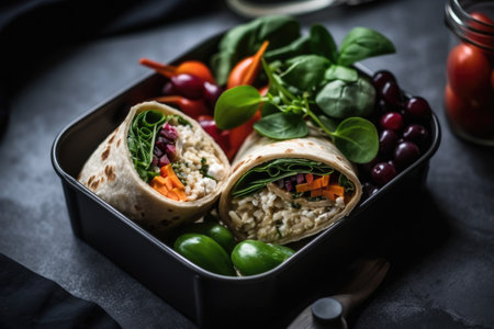 Vegan Greek Wrap Lunch Box With Hummus And Tzatziki Sauceの素材